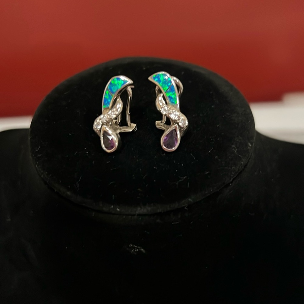 Elegant Sterling Silver Opal and Amethyst and zircon earrings